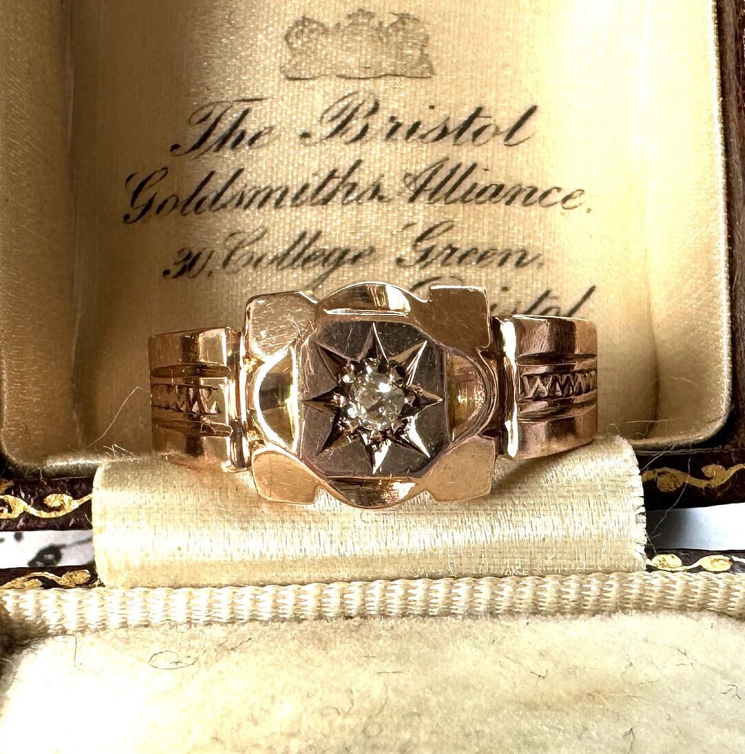 Antique Art Deco 9ct Gold Star Set Diamond Gypsy Ring. Heavy Rose Gold Wide Band Ring, Hallmarked Henry Griffiths 1929, Size T-1/2/ 9-3/4