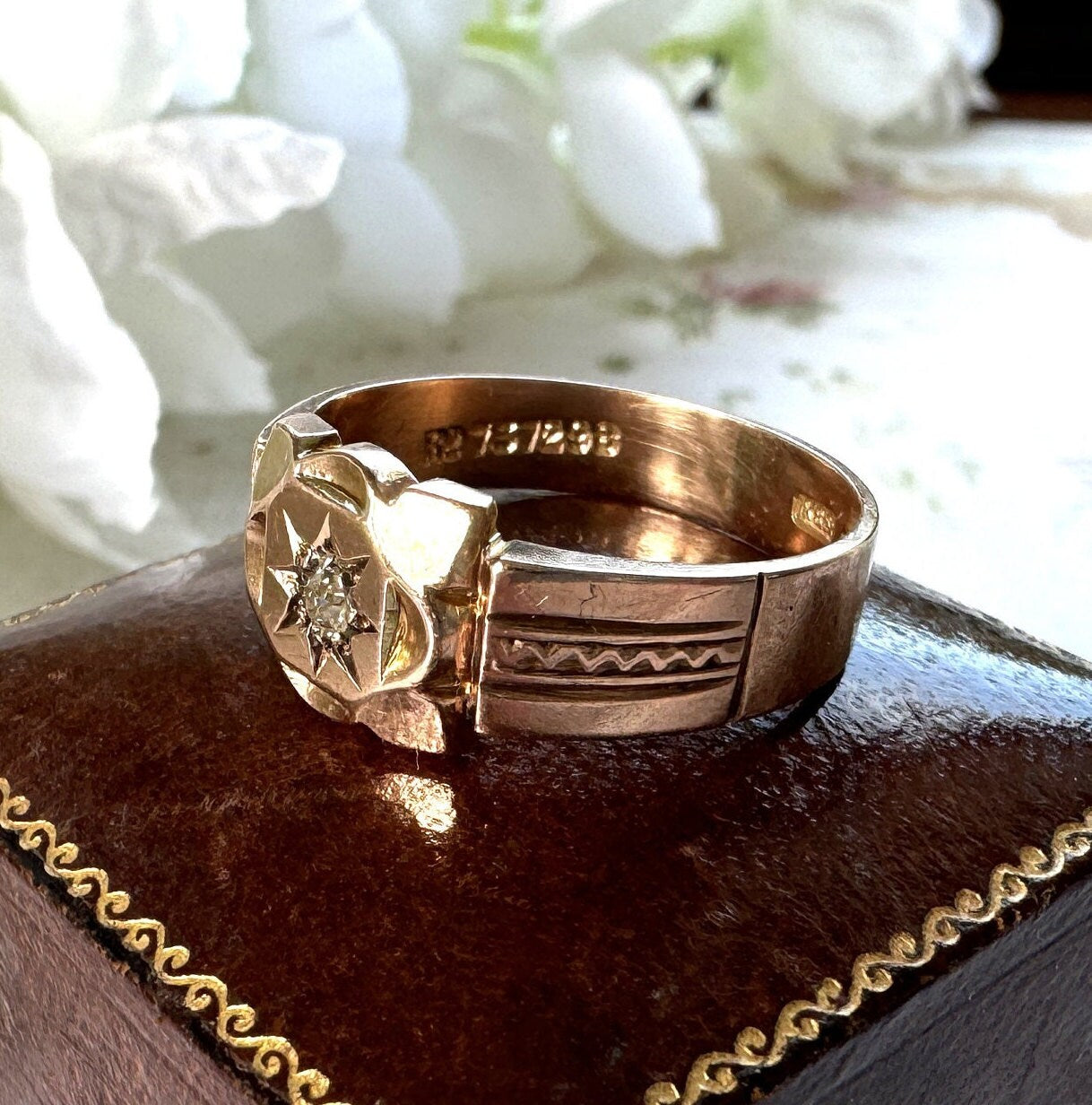 Antique Art Deco 9ct Gold Star Set Diamond Gypsy Ring. Heavy Rose Gold Wide Band Ring, Hallmarked Henry Griffiths 1929, Size T-1/2/ 9-3/4