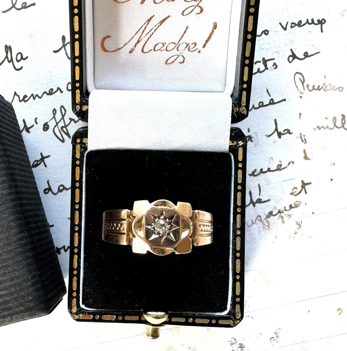 Antique Art Deco 9ct Gold Star Set Diamond Gypsy Ring. Heavy Rose Gold Wide Band Ring, Hallmarked Henry Griffiths 1929, Size T-1/2/ 9-3/4