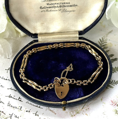 Vintage Art Deco 18ct Rolled Gold Gate Bracelet With Heart Padlock Clasp. 1930s English Fancy Link Bar & Chain Sweetheart Bracelet