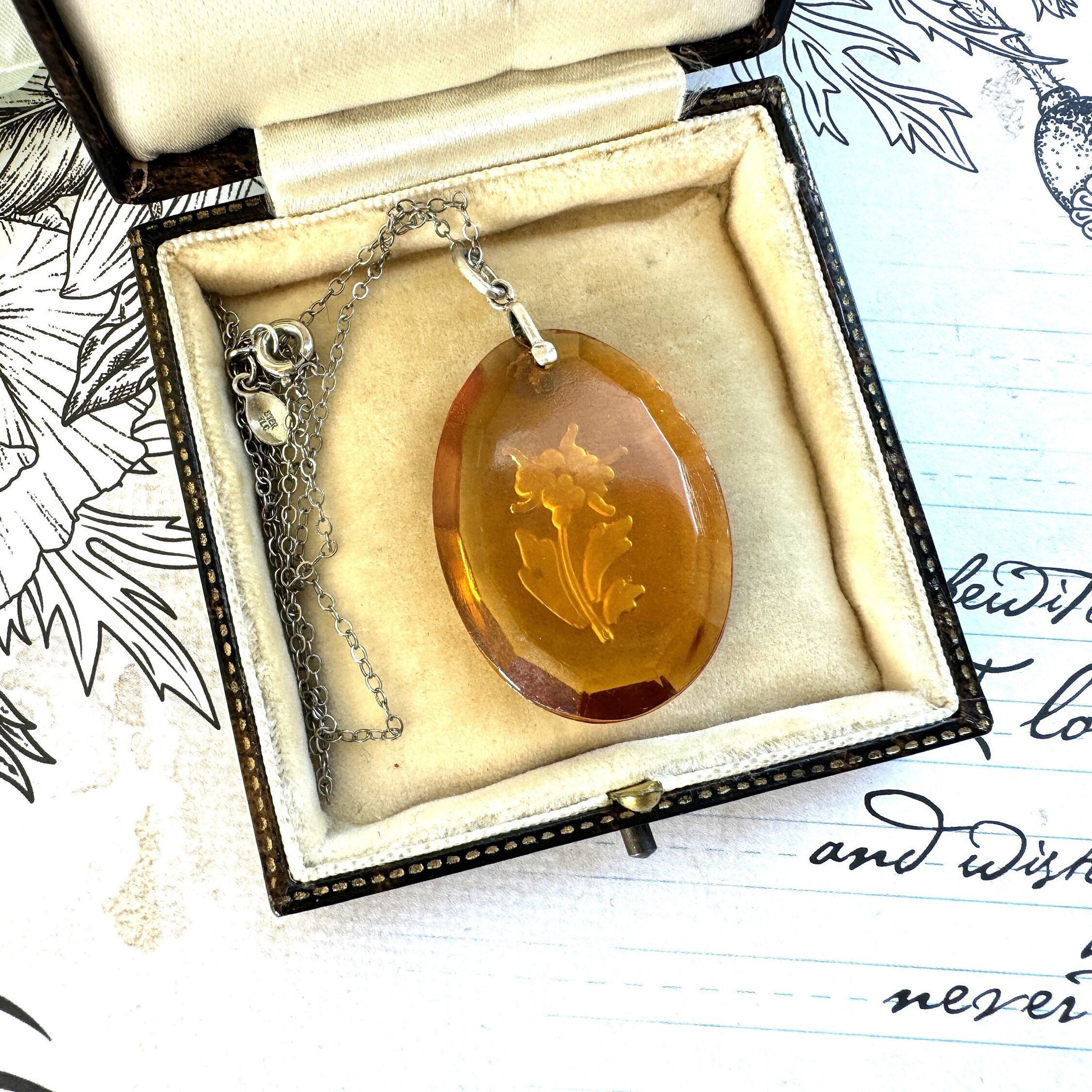 Edwardian sale amber glass metal drop necklace