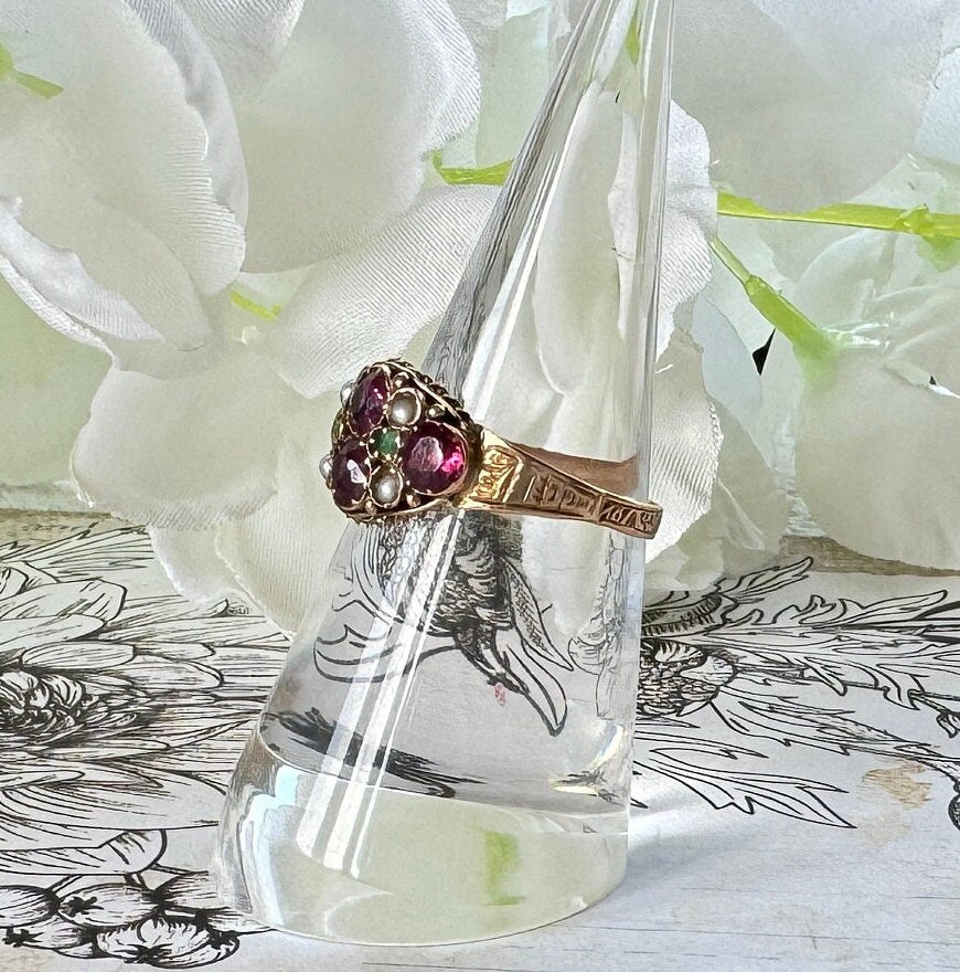 Antique Victorian 15ct Gold Pink Tourmaline, Emerald & Pearl Cluster Ring. Antique 1874 Floral Engraved 15ct Rose Gold Ring, Size N/6.75