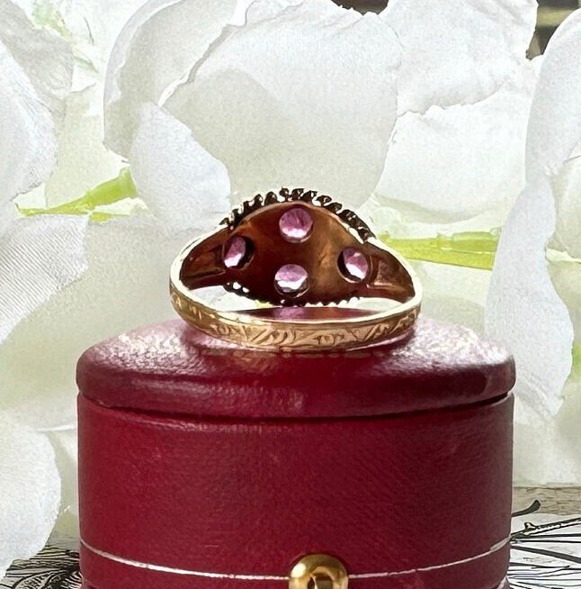 Antique Victorian 15ct Gold Pink Tourmaline, Emerald & Pearl Cluster Ring. Antique 1874 Floral Engraved 15ct Rose Gold Ring, Size N/6.75