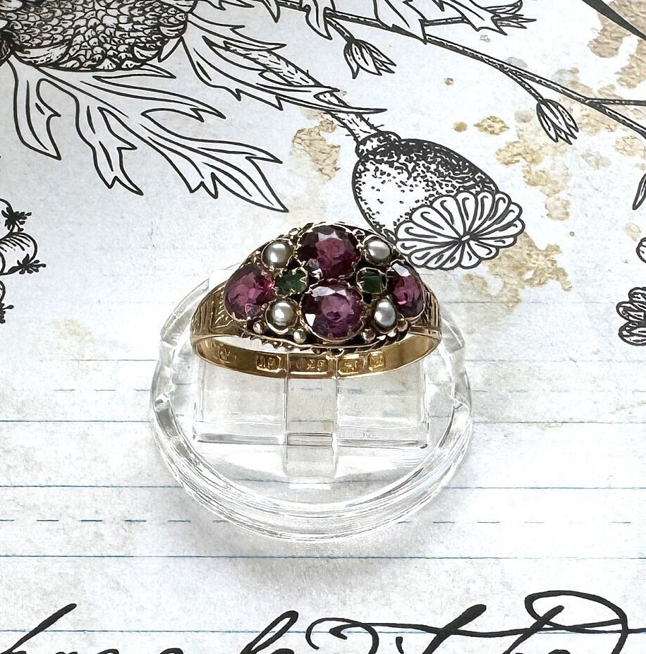 Antique Victorian 15ct Gold Pink Tourmaline, Emerald & Pearl Cluster Ring. Antique 1874 Floral Engraved 15ct Rose Gold Ring, Size N/6.75
