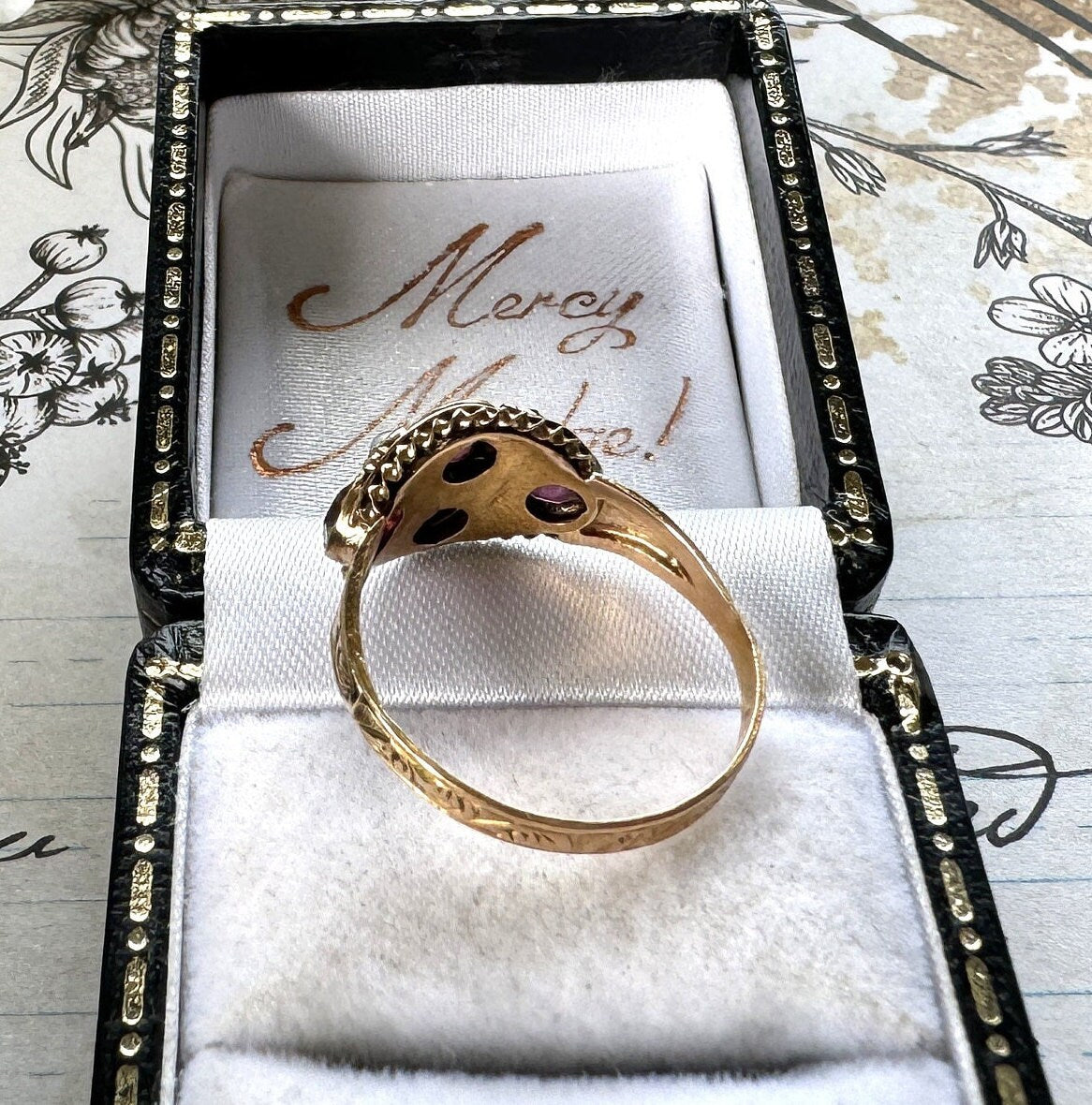 Antique Victorian 15ct Gold Pink Tourmaline, Emerald & Pearl Cluster Ring. Antique 1874 Floral Engraved 15ct Rose Gold Ring, Size N/6.75