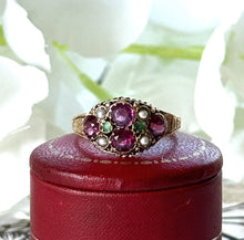 Load image into Gallery viewer, Antique Victorian 15ct Gold Pink Tourmaline, Emerald &amp; Pearl Cluster Ring. Antique 1874 Floral Engraved 15ct Rose Gold Ring, Size N/6.75
