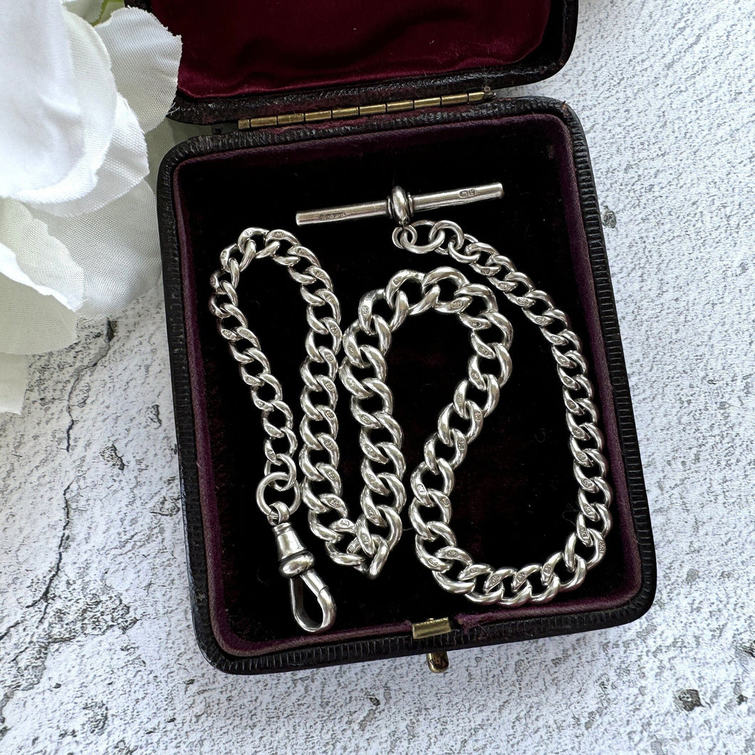 Victorian Sterling Silver Single Albert Pocket Watch Chain. Antique 1891 Solid Silver Curb Link Watch Chain. Antique Watch Chain Bracelet