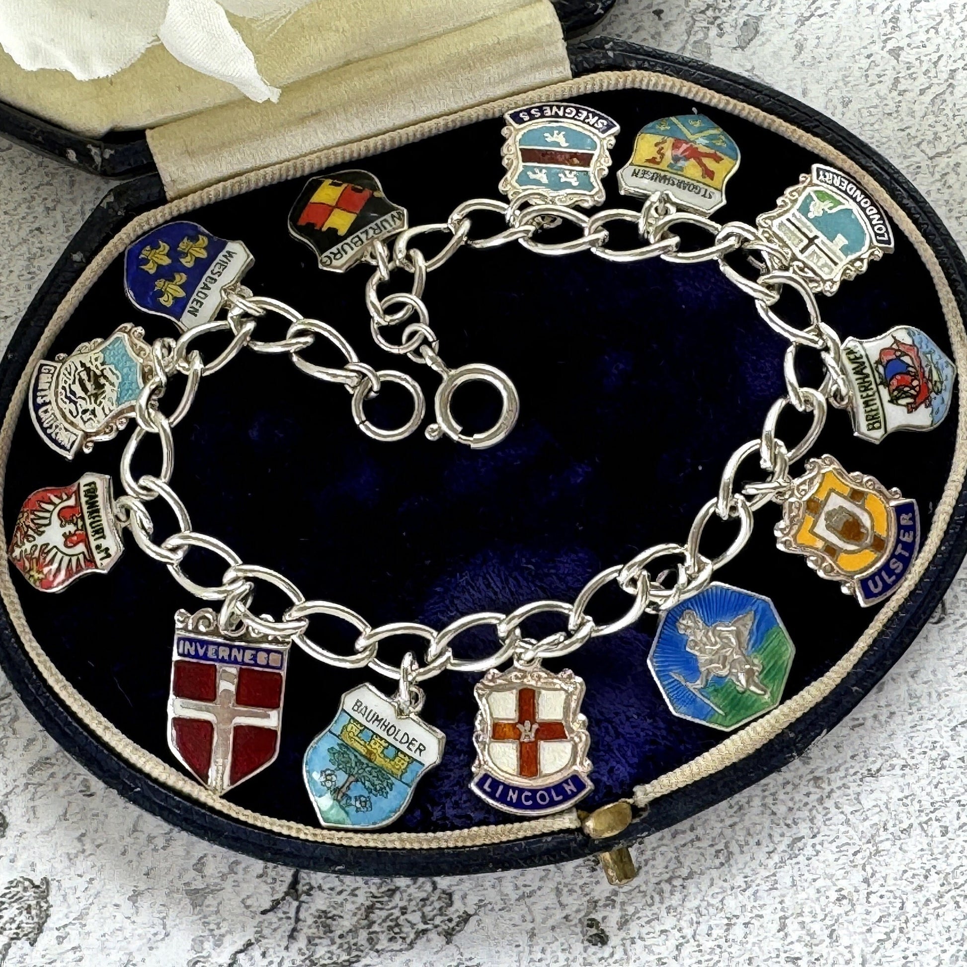 Vintage 1960s Britain & Germany Sterling Silver Enamel Charm Bracelet. City Coat of Arms Souvenir Travel Bracelet With St Christopher Charm