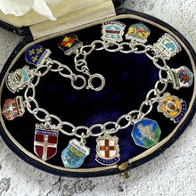 Lade das Bild in den Galerie-Viewer, Vintage 1960s Britain &amp; Germany Sterling Silver Enamel Charm Bracelet. City Coat of Arms Souvenir Travel Bracelet With St Christopher Charm
