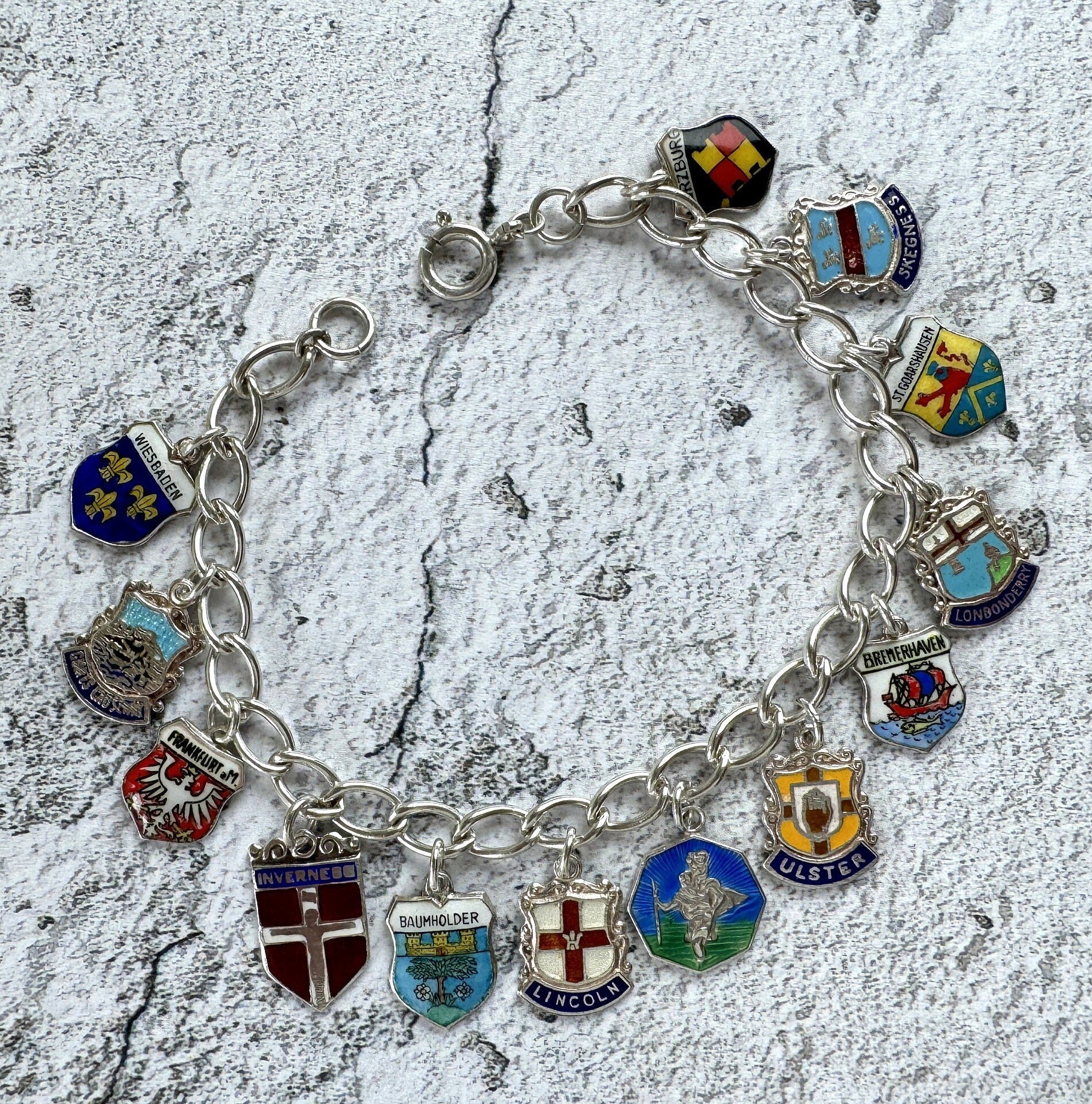 Vintage 1960s Britain & Germany Sterling Silver Enamel Charm Bracelet. City Coat of Arms Souvenir Travel Bracelet With St Christopher Charm