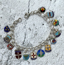 Lade das Bild in den Galerie-Viewer, Vintage 1960s Britain &amp; Germany Sterling Silver Enamel Charm Bracelet. City Coat of Arms Souvenir Travel Bracelet With St Christopher Charm
