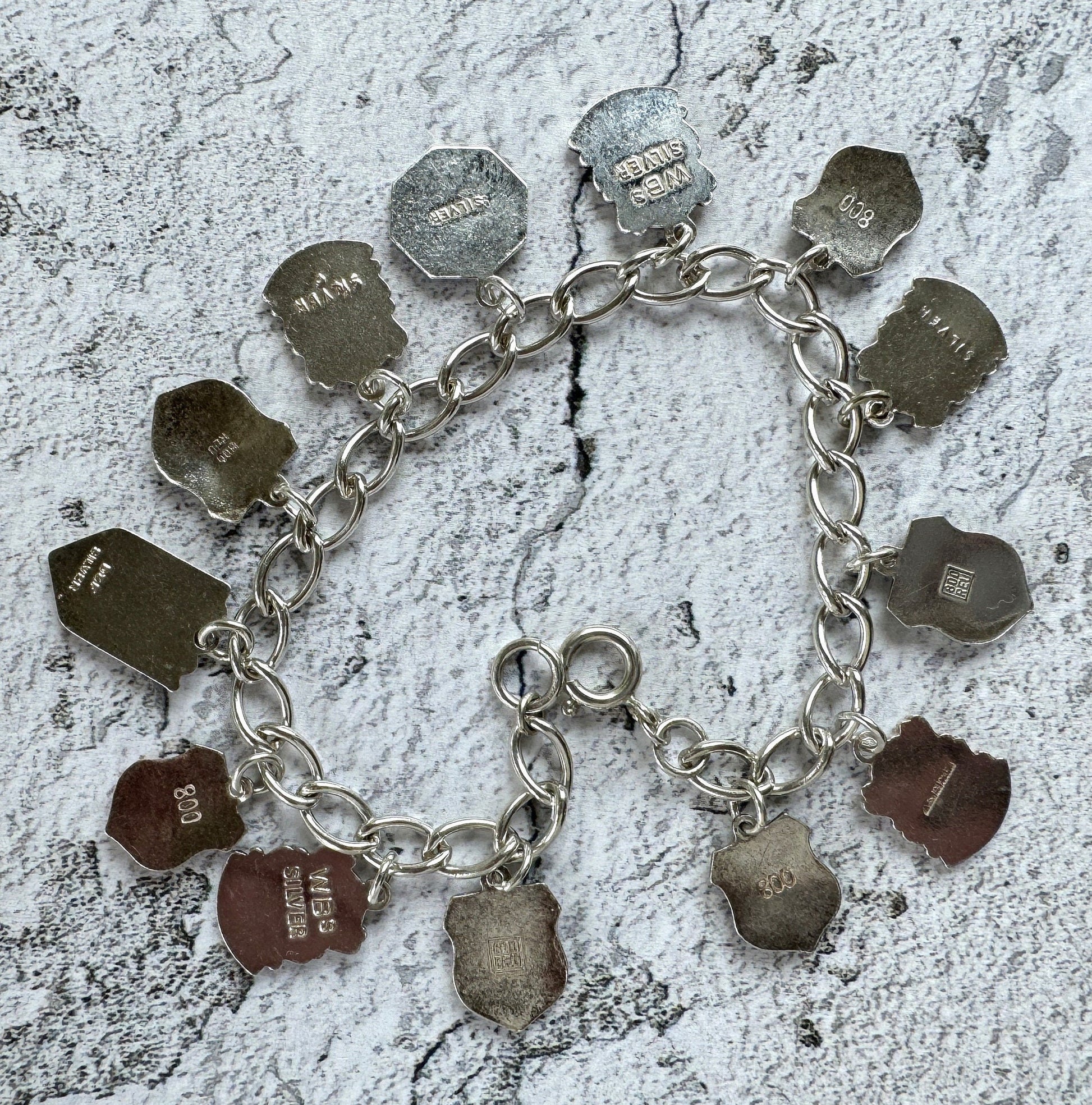 Vintage 1960s Britain & Germany Sterling Silver Enamel Charm Bracelet. City Coat of Arms Souvenir Travel Bracelet With St Christopher Charm