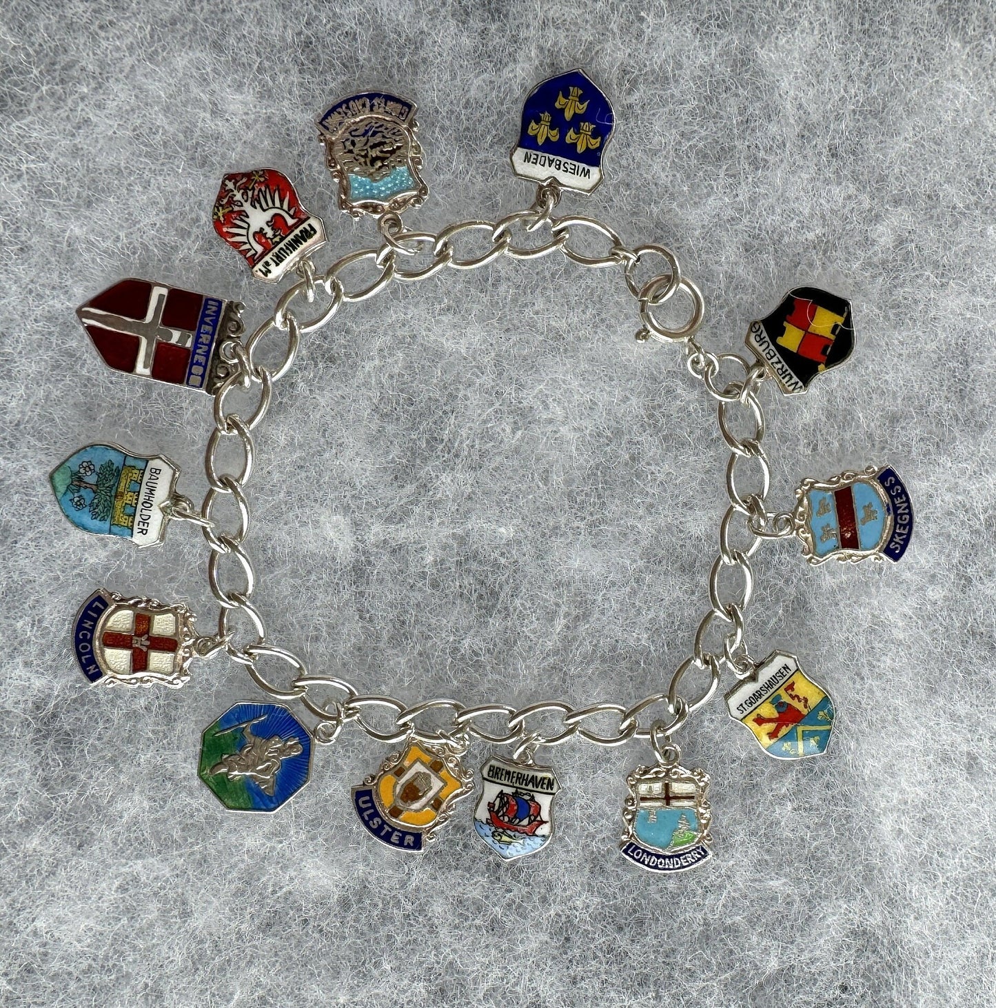 Vintage 1960s Britain & Germany Sterling Silver Enamel Charm Bracelet. City Coat of Arms Souvenir Travel Bracelet With St Christopher Charm