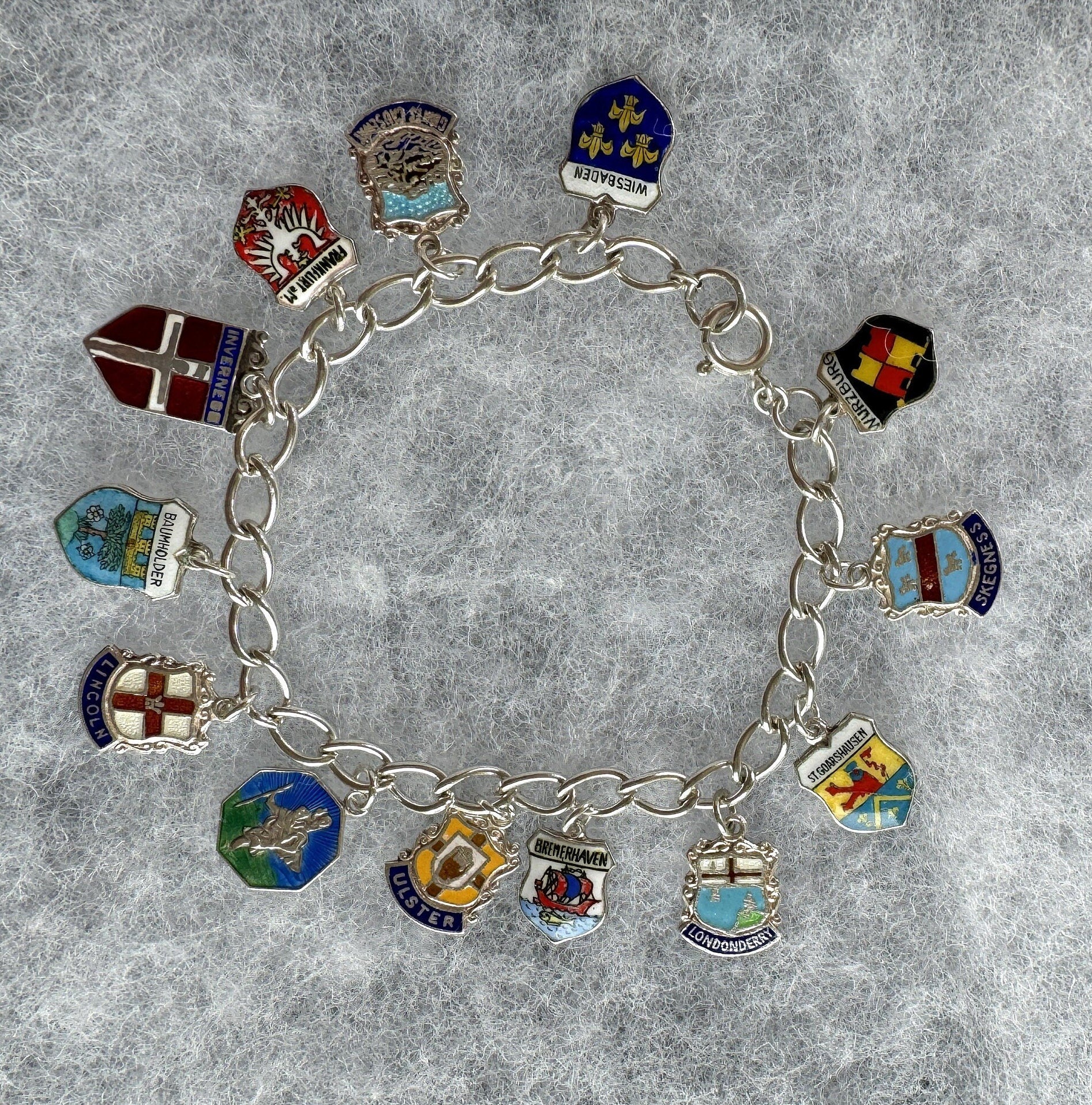 Vintage 1960s Britain & Germany Sterling Silver Enamel Charm Bracelet. City Coat of Arms Souvenir Travel Bracelet With St Christopher Charm