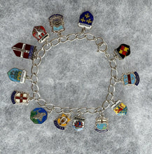 Lade das Bild in den Galerie-Viewer, Vintage 1960s Britain &amp; Germany Sterling Silver Enamel Charm Bracelet. City Coat of Arms Souvenir Travel Bracelet With St Christopher Charm
