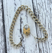 Load image into Gallery viewer, Vintage 1961 Sterling Silver Curb Chain Bracelet With Heart Padlock Clasp. Watch Chain Style English Sweetheart Bracelet. Romantic Jewellery
