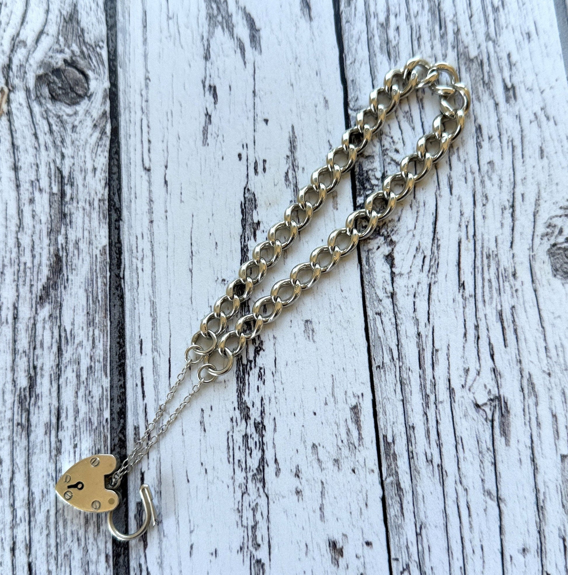 Vintage 1961 Sterling Silver Curb Chain Bracelet With Heart Padlock Clasp. Watch Chain Style English Sweetheart Bracelet. Romantic Jewellery