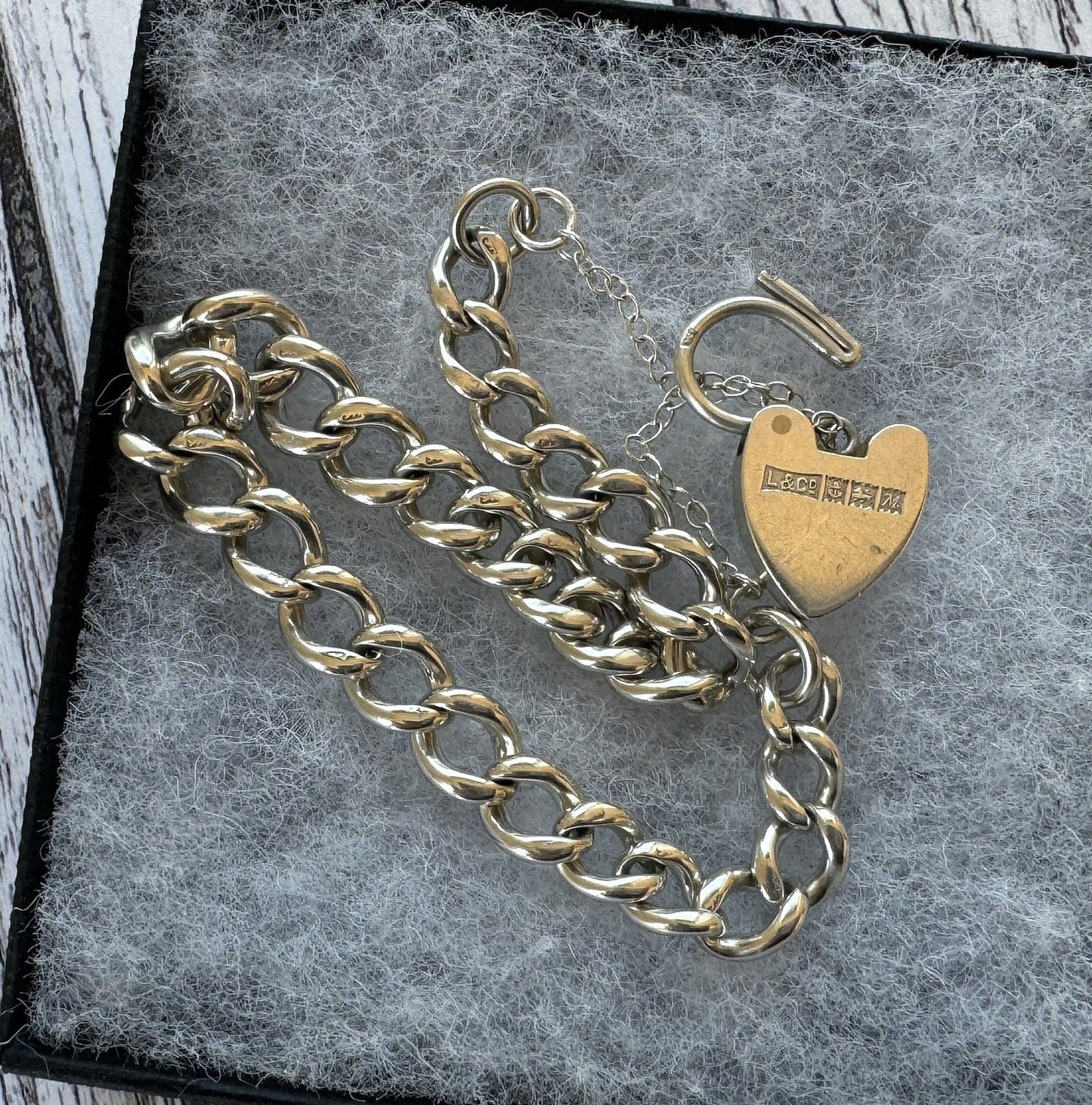 Vintage 1961 Sterling Silver Curb Chain Bracelet With Heart Padlock Clasp. Watch Chain Style English Sweetheart Bracelet. Romantic Jewellery
