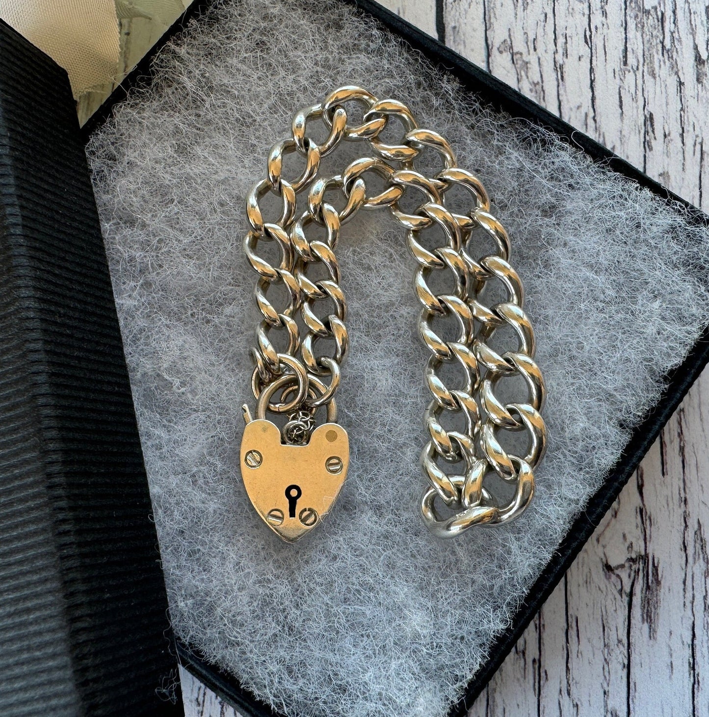 Vintage 1961 Sterling Silver Curb Chain Bracelet With Heart Padlock Clasp. Watch Chain Style English Sweetheart Bracelet. Romantic Jewellery