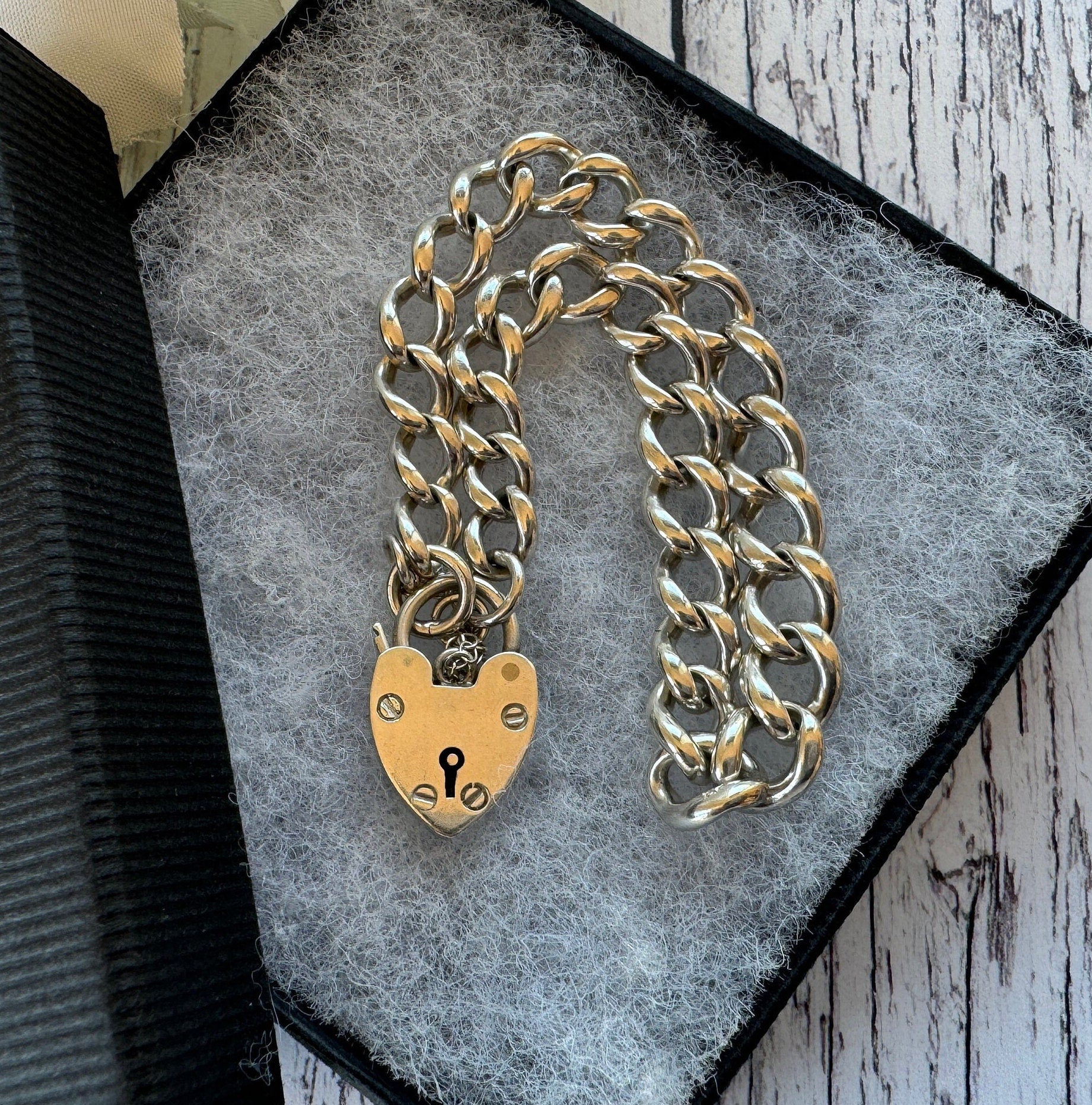 Vintage 1961 Sterling Silver Curb Chain Bracelet With Heart Padlock Clasp. Watch Chain Style English Sweetheart Bracelet. Romantic Jewellery