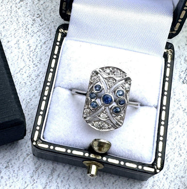 Antique 18ct White Gold Diamond & Sapphire Cluster Ring
