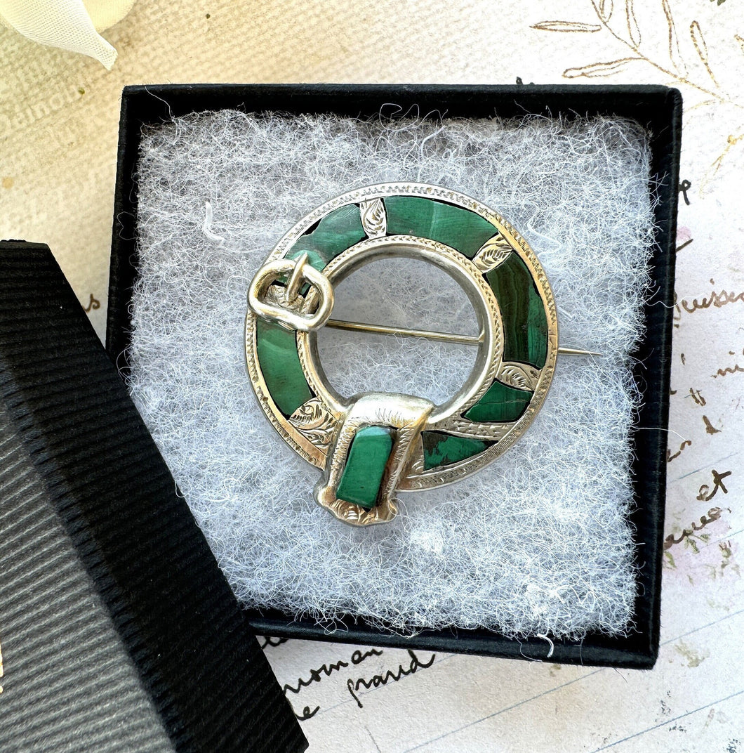 Antique Victorian Scottish Silver Malachite Belt Buckle Brooch. Aesthetic Engraved Silver Ring Brooch. Scottish Pebble Lapel/Plaid Pin