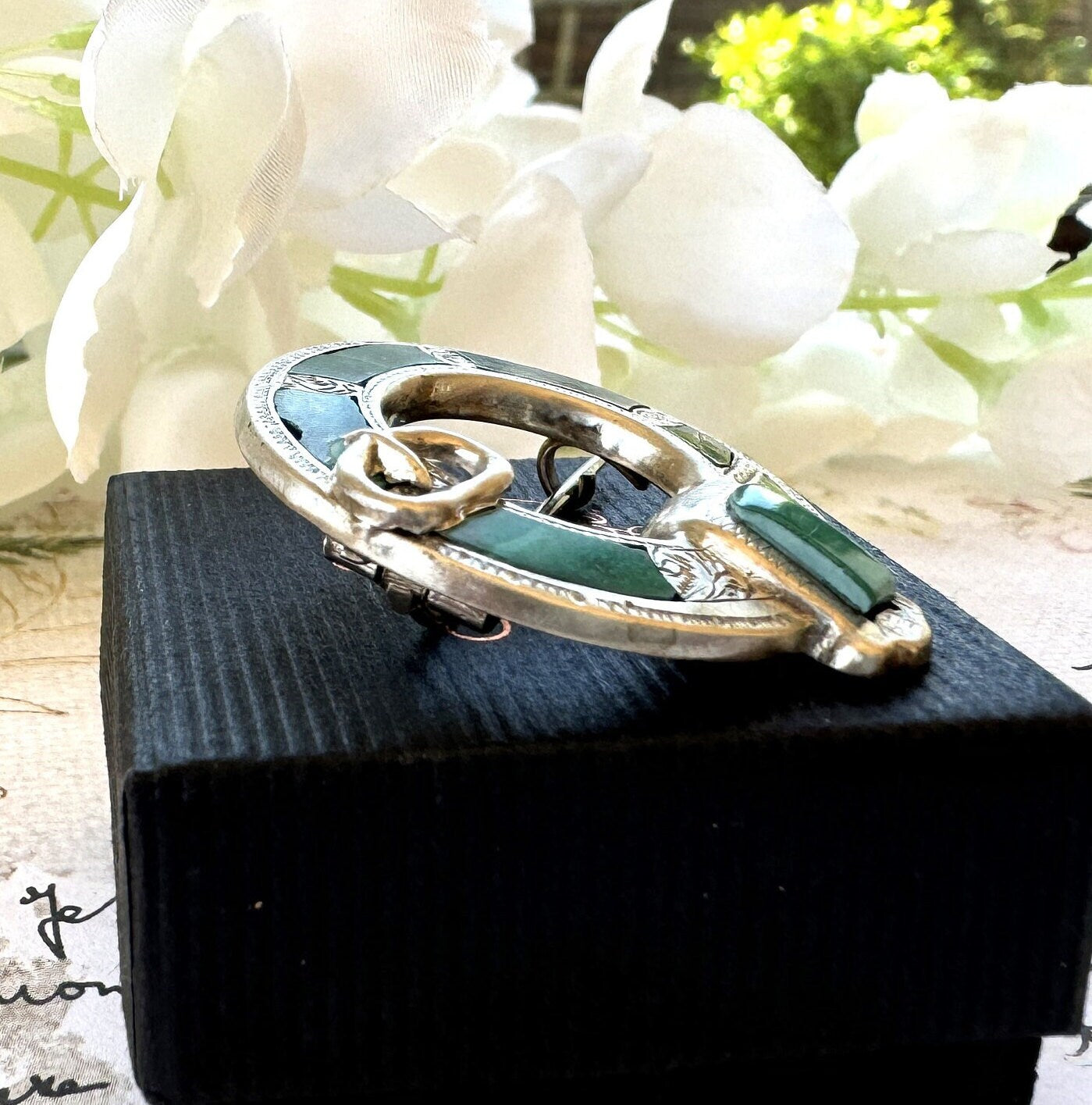 Antique Victorian Scottish Silver Malachite Belt Buckle Brooch. Aesthetic Engraved Silver Ring Brooch. Scottish Pebble Lapel/Plaid Pin