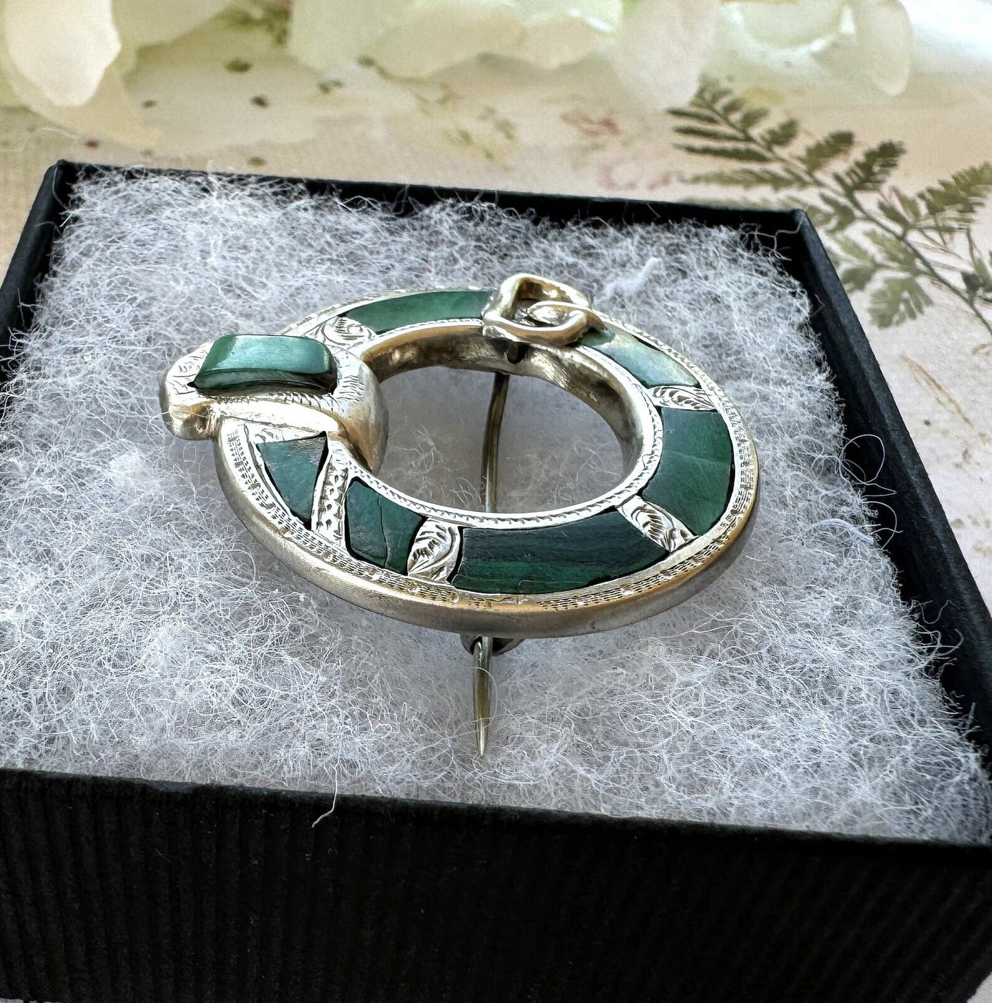 Antique Victorian Scottish Silver Malachite Belt Buckle Brooch. Aesthetic Engraved Silver Ring Brooch. Scottish Pebble Lapel/Plaid Pin