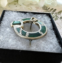 Carica l&#39;immagine nel visualizzatore di Gallery, Antique Victorian Scottish Silver Malachite Belt Buckle Brooch. Aesthetic Engraved Silver Ring Brooch. Scottish Pebble Lapel/Plaid Pin
