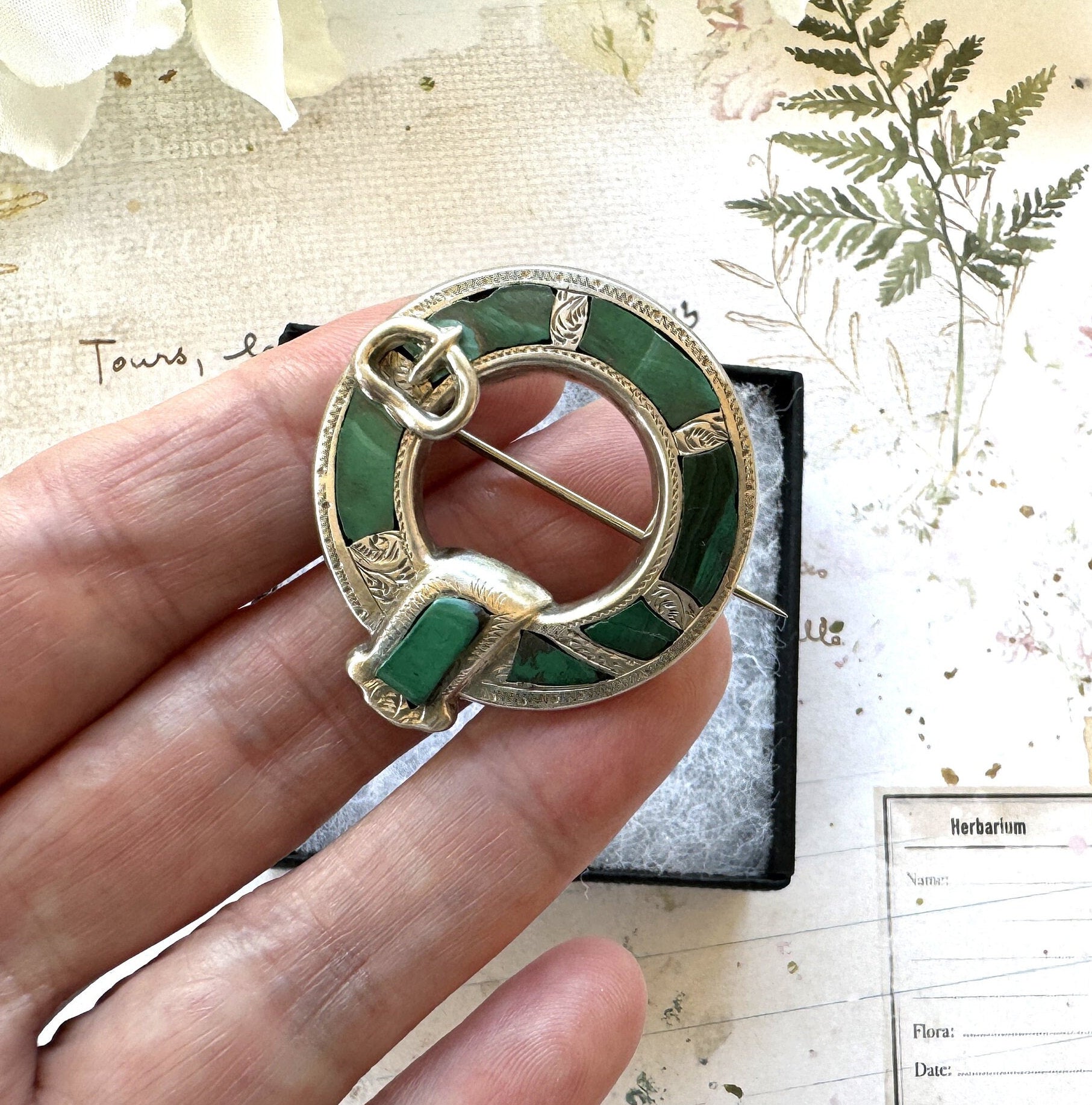 Antique Victorian Scottish Silver Malachite Belt Buckle Brooch. Aesthetic Engraved Silver Ring Brooch. Scottish Pebble Lapel/Plaid Pin