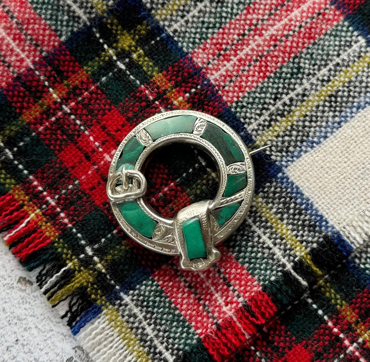 Antique Victorian Scottish Silver Malachite Belt Buckle Brooch. Aesthetic Engraved Silver Ring Brooch. Scottish Pebble Lapel/Plaid Pin