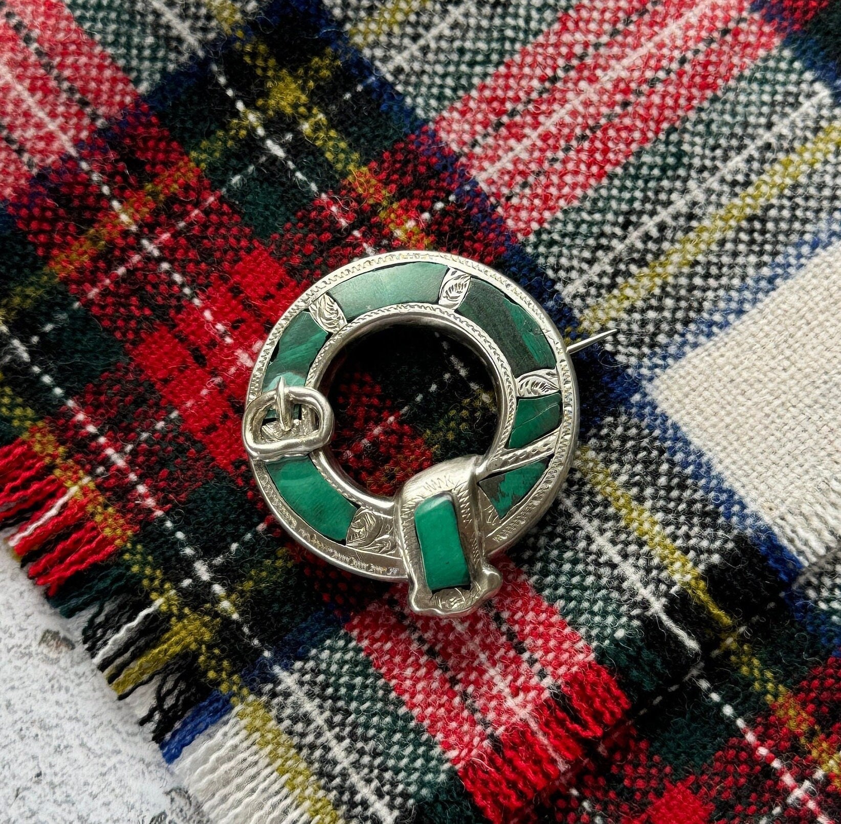 Antique Victorian Scottish Silver Malachite Belt Buckle Brooch. Aesthetic Engraved Silver Ring Brooch. Scottish Pebble Lapel/Plaid Pin