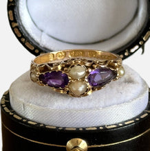 画像をギャラリービューアに読み込む, Antique Victorian 15ct Gold Purple Amethyst &amp; Pearl Floral Engraved Ring. Ornate Victorian Boat Ring, Hallmarked 1874. Ring Size M-1/2/6-1/2
