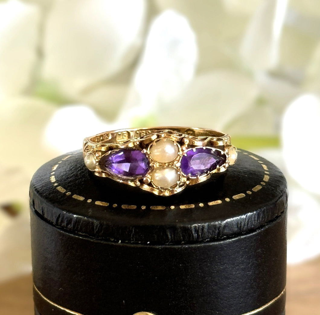 Antique Victorian 15ct Gold Purple Amethyst & Pearl Floral Engraved Ring. Ornate Victorian Boat Ring, Hallmarked 1874. Ring Size M-1/2/6-1/2