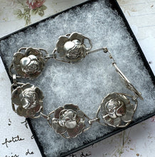 Load image into Gallery viewer, Antique Art Deco Sterling Silver Repoussé Rose Bracelet. Arts &amp; Crafts/Art Nouveau Silver Figural Flower Panel Bracelet, Circa 1920
