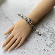 Carica l&#39;immagine nel visualizzatore di Gallery, Art Deco Egyptian Revival Silver &amp; Lapis Tutankhamun Bracelet. Antique/Vintage 1930s Sterling Silver Inlaid Blue Gemstone Figural Bracelet.
