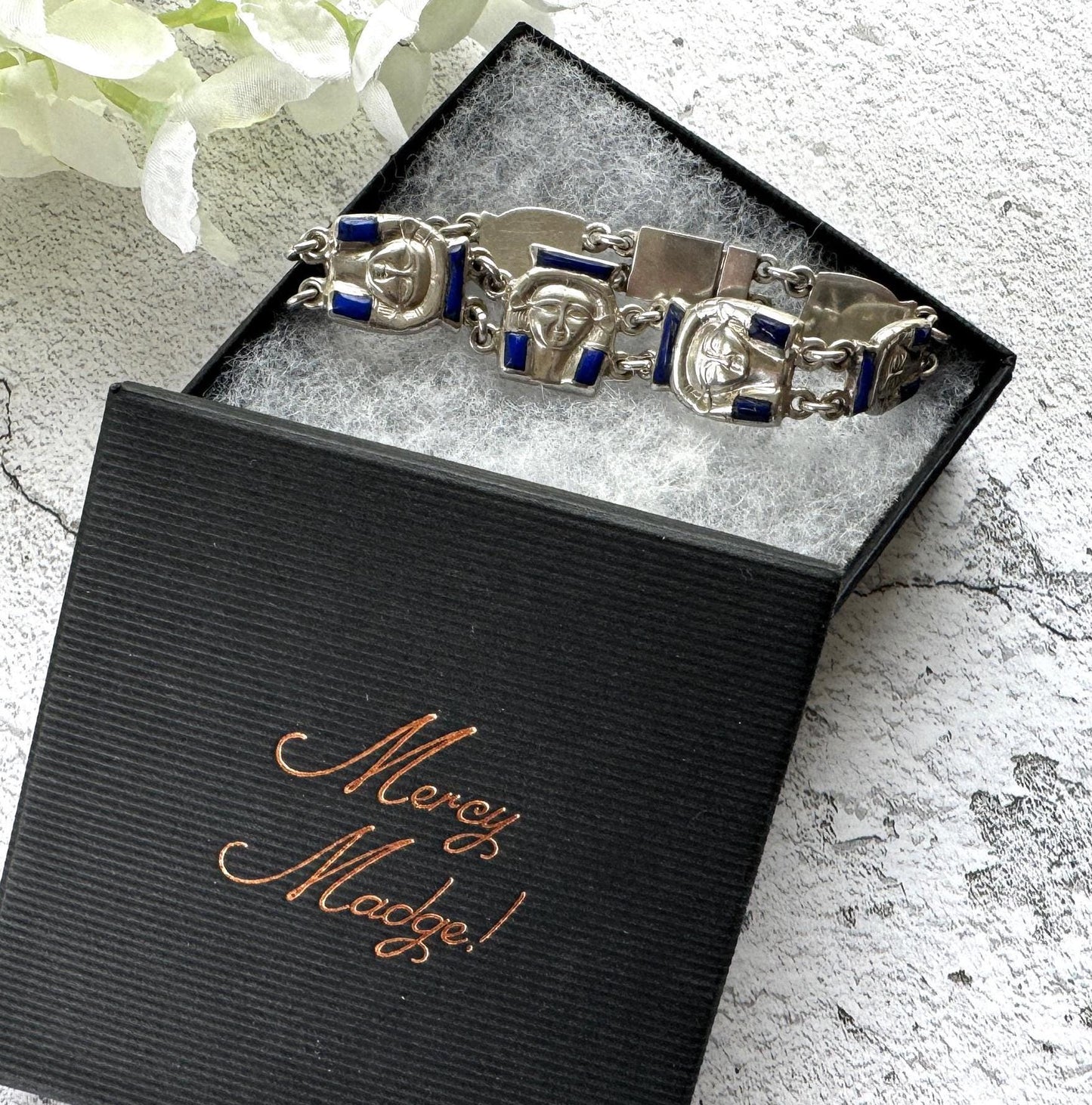 Art Deco Egyptian Revival Silver & Lapis Tutankhamun Bracelet