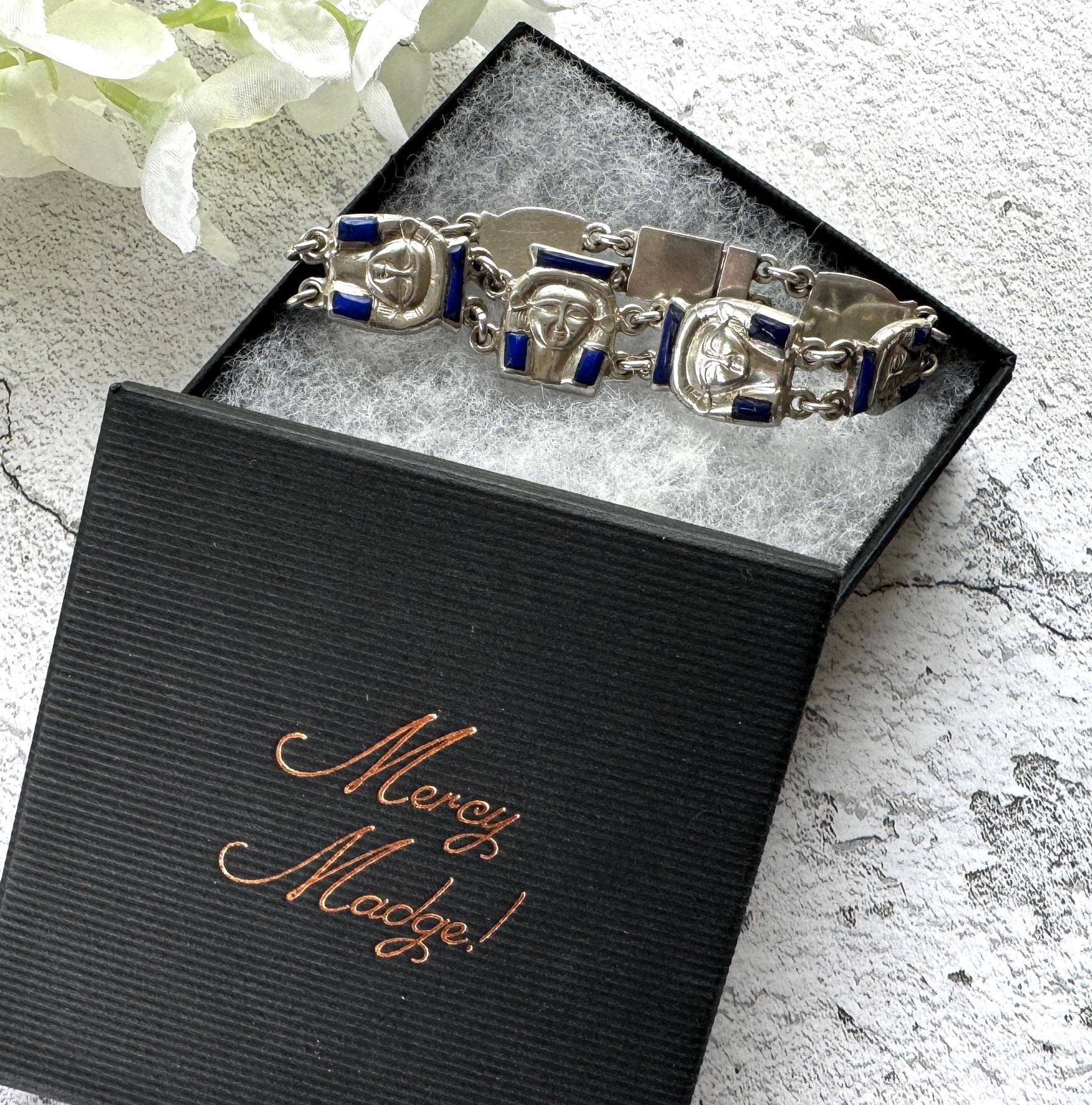 Art Deco Egyptian Revival Silver & Lapis Tutankhamun Bracelet