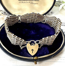 Cargar imagen en el visor de la galería, Vintage English Silver Wide 7-Bar Gate Bracelet With Heart Padlock Clasp, Hallmarked 1975. Fancy Fan Shaped Link Articulated Silver Bracelet
