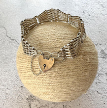 Cargar imagen en el visor de la galería, Vintage English Silver Wide 7-Bar Gate Bracelet With Heart Padlock Clasp, Hallmarked 1975. Fancy Fan Shaped Link Articulated Silver Bracelet
