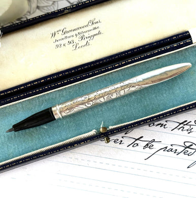 Antique Edwardian Silver Mechanical Pencil & Letter Opener Combo. Lady's Forget-Me-Not Engraved Silver Propelling Pencil, Francis Webb, 1915