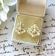 Load image into Gallery viewer, Antique Victorian 9ct Gold Seed Pearl Fleur De Lis Hook Earrings. Woven Seed Pearl Floral Scroll Earrings. Victorian Wedding Bride Earrings
