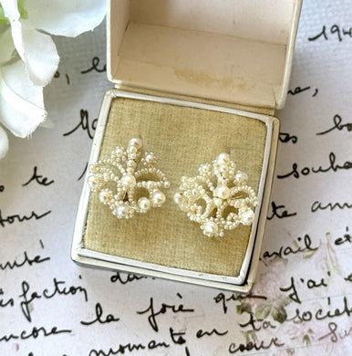 Antique Victorian 9ct Gold Seed Pearl Fleur De Lis Hook Earrings. Woven Seed Pearl Floral Scroll Earrings. Victorian Wedding Bride Earrings