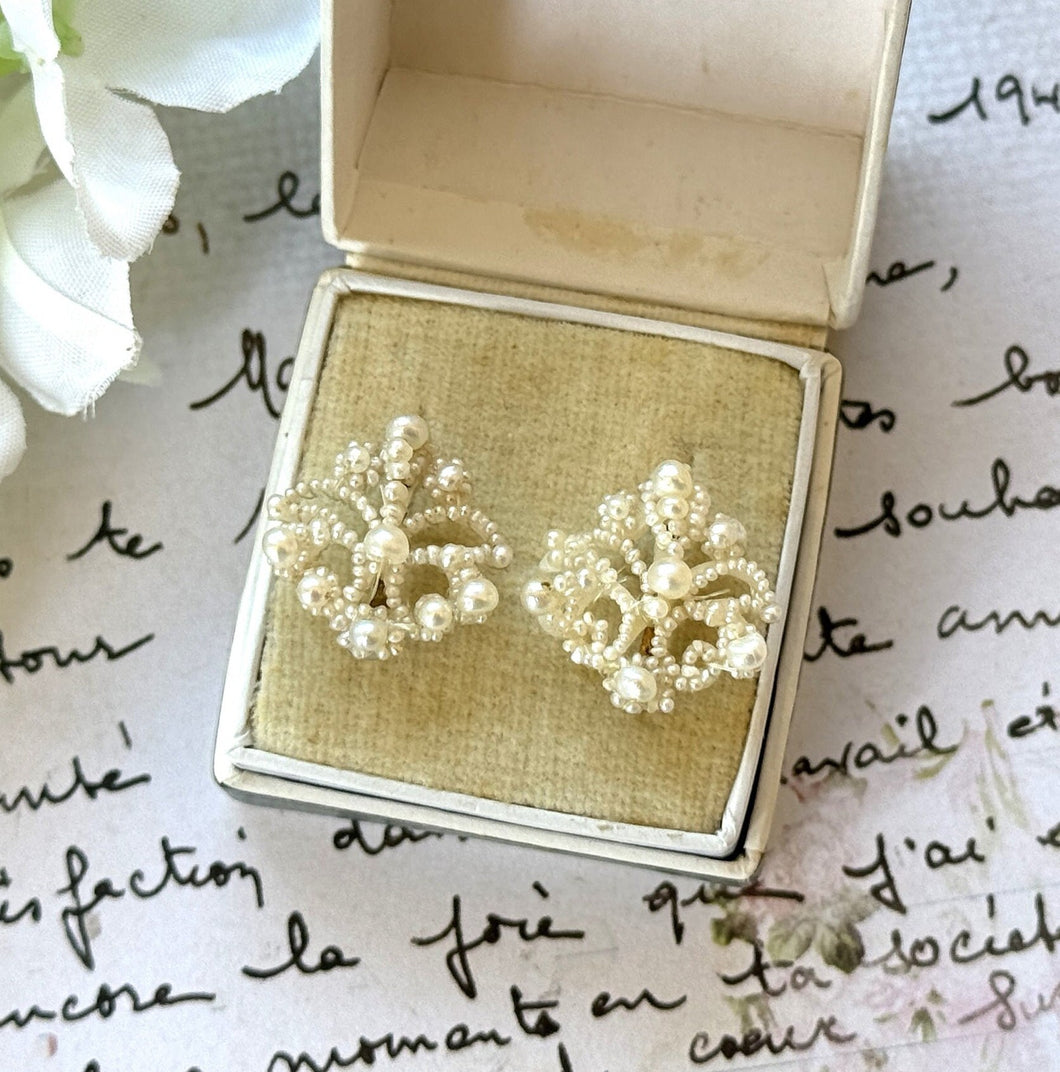 Antique Victorian 9ct Gold Seed Pearl Fleur De Lis Hook Earrings. Woven Seed Pearl Floral Scroll Earrings. Victorian Wedding Bride Earrings