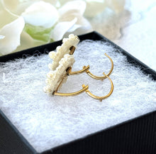 Load image into Gallery viewer, Antique Victorian 9ct Gold Seed Pearl Fleur De Lis Hook Earrings. Woven Seed Pearl Floral Scroll Earrings. Victorian Wedding Bride Earrings
