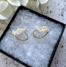 Load image into Gallery viewer, Antique Victorian 9ct Gold Seed Pearl Fleur De Lis Hook Earrings. Woven Seed Pearl Floral Scroll Earrings. Victorian Wedding Bride Earrings
