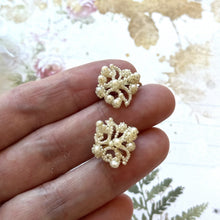 Load image into Gallery viewer, Antique Victorian 9ct Gold Seed Pearl Fleur De Lis Hook Earrings. Woven Seed Pearl Floral Scroll Earrings. Victorian Wedding Bride Earrings
