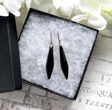 Load image into Gallery viewer, Antique Victorian Whitby Jet &amp; Sterling Silver Torpedo Earrings. Pendant Drop Black Gemstone Earrings. Antique Hook Long Dangle Earrings
