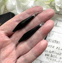 Load image into Gallery viewer, Antique Victorian Whitby Jet &amp; Sterling Silver Torpedo Earrings. Pendant Drop Black Gemstone Earrings. Antique Hook Long Dangle Earrings
