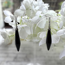 Load image into Gallery viewer, Antique Victorian Whitby Jet &amp; Sterling Silver Torpedo Earrings. Pendant Drop Black Gemstone Earrings. Antique Hook Long Dangle Earrings
